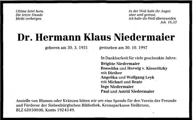 Niedermaier Klaus 1931-1997 Todesanzeige